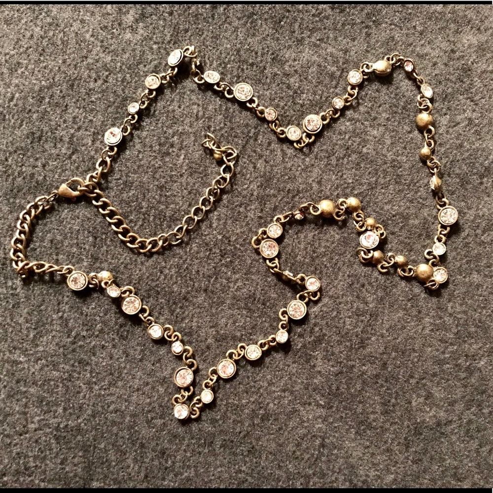 34” crystal and brass? metal necklace